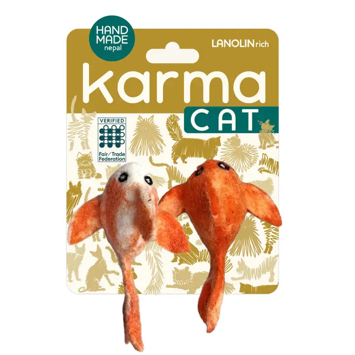 Karma Cat toy packaging with two orange fish-shaped toys on a white background