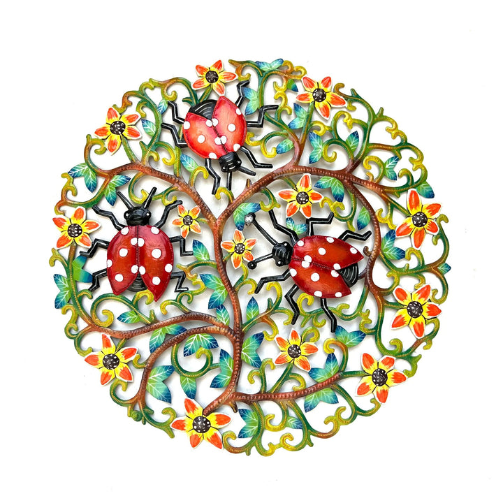 Decorative wall art with colorful ladybugs and flowers on a white background