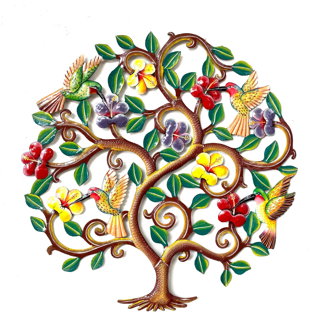 Large round hummingbird tree metal art on white background