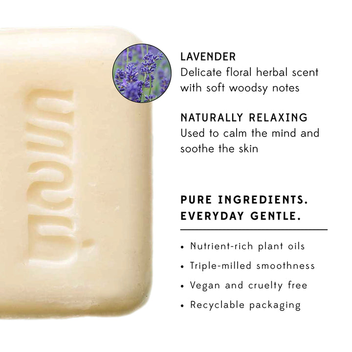 Lavender scented soap description and information on a white background.