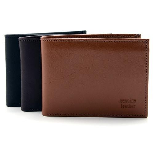 A collection of leather bifold wallets in black and brown colors, with card slots visible and the brand name 'Genuine Leather' embossed on the front.