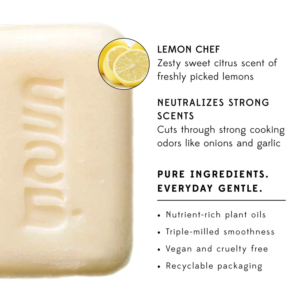 Lemon scented bar of soap information and description on a white background.