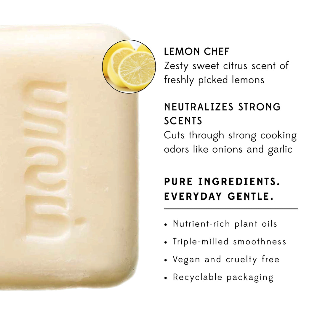 Lemon scented bar of soap information and description on a white background.