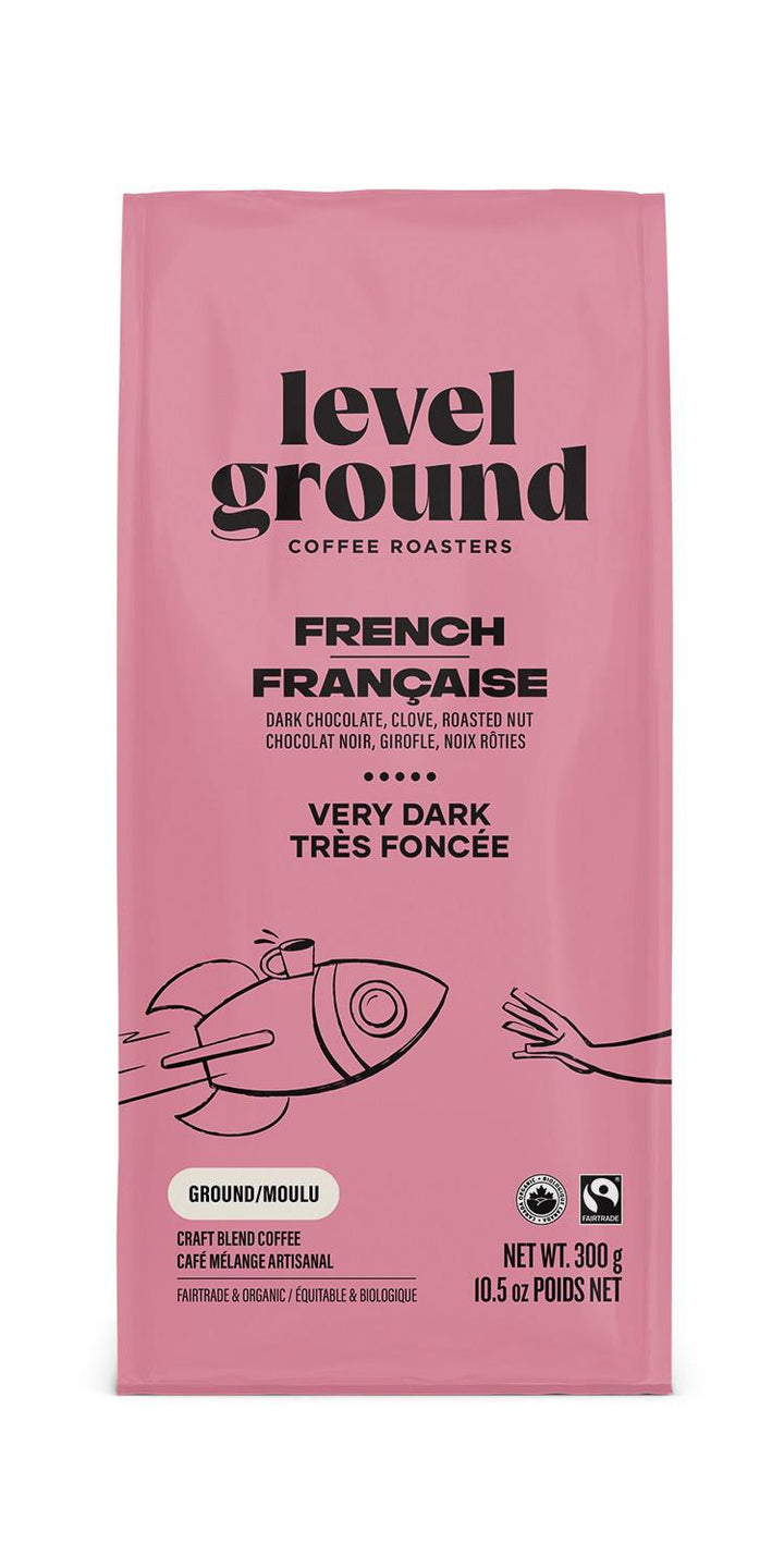 A bag of Level Ground French Roast coffee beans, indicating very dark roast with graphic elements such as coffee beans and a rocket.