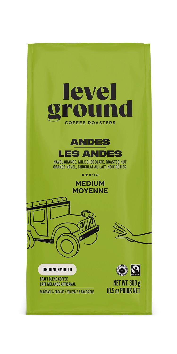 A green bag of Level Ground Andes Mountain coffee with an illustration of a car on the front.