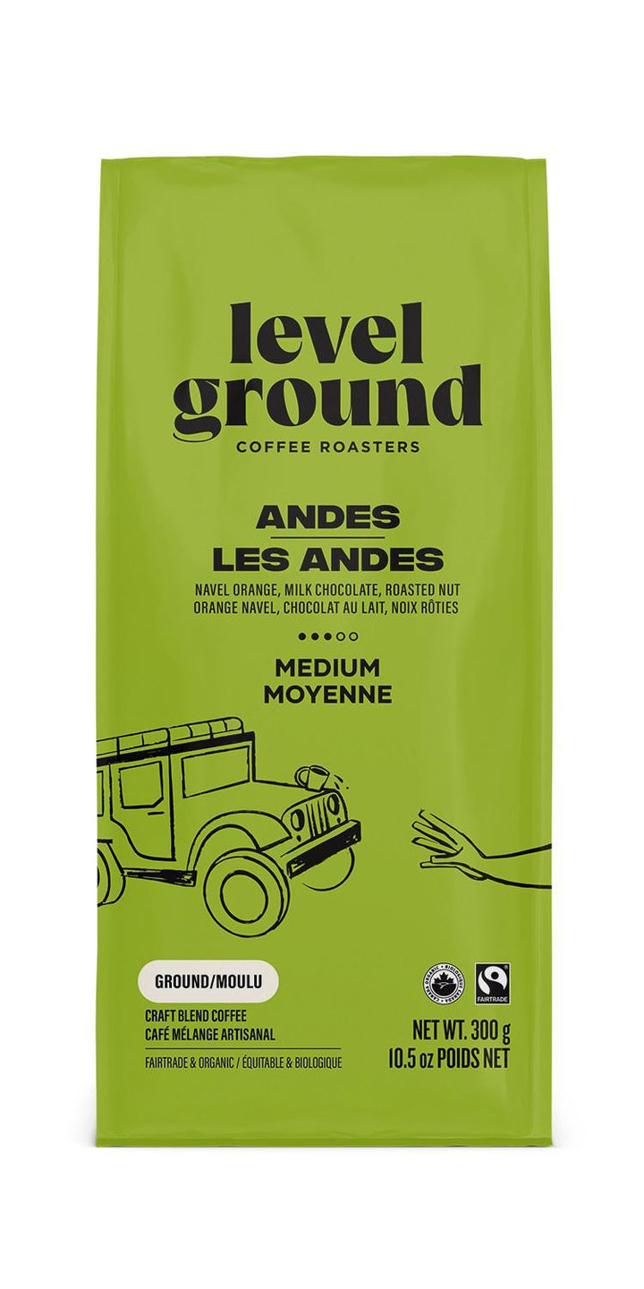 A green bag of Level Ground Andes Mountain coffee with an illustration of a car on the front.