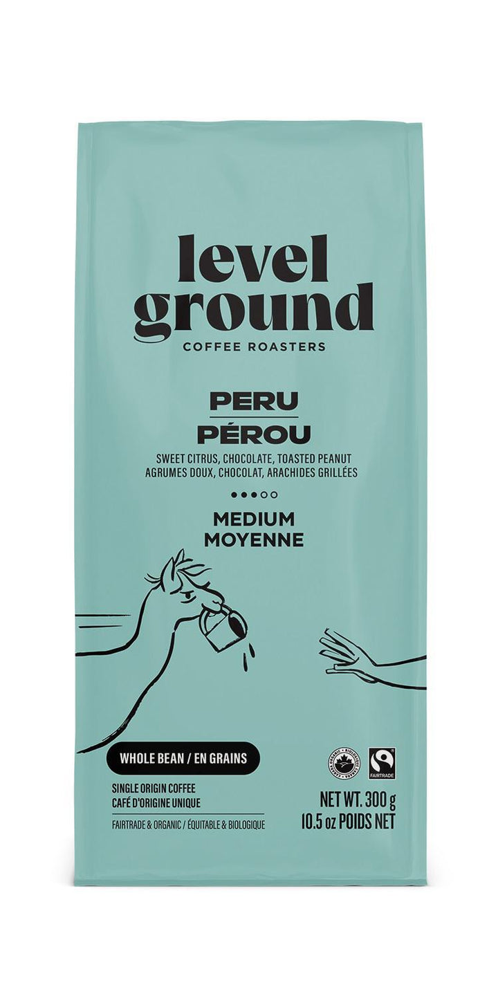 A bag of Level Ground Coffee Peru, showing the packaging with text and illustrations related to the coffee's origin and roasting level.