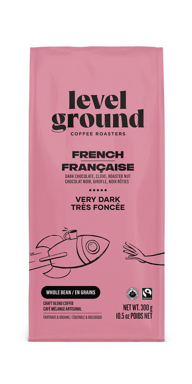 A bag of Level Ground French Roast coffee beans, indicating very dark roast with graphic elements such as coffee beans and a rocket.
