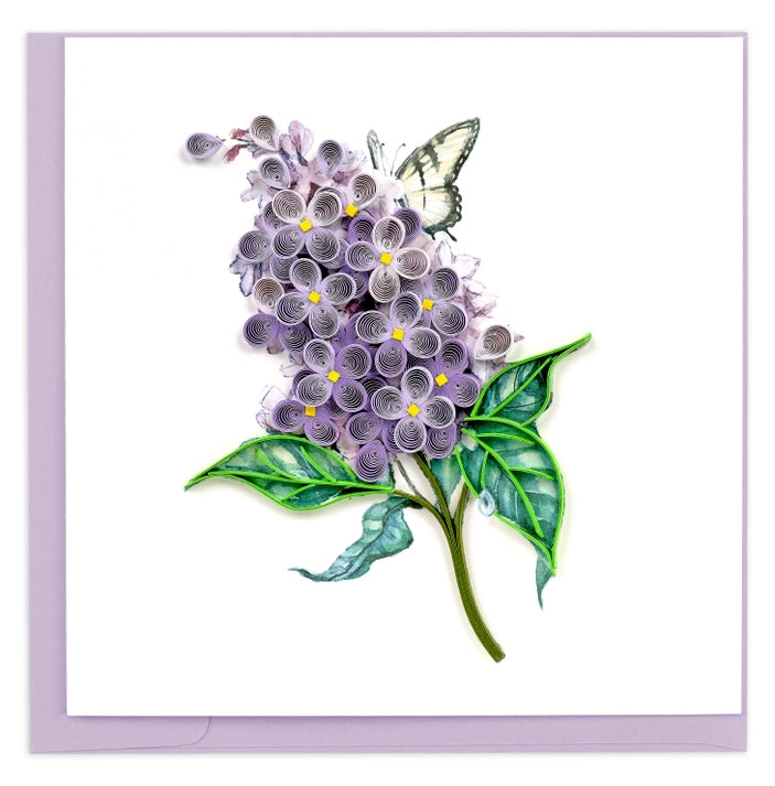 Quilled purple flower with green leaves and a butterfly on a white background