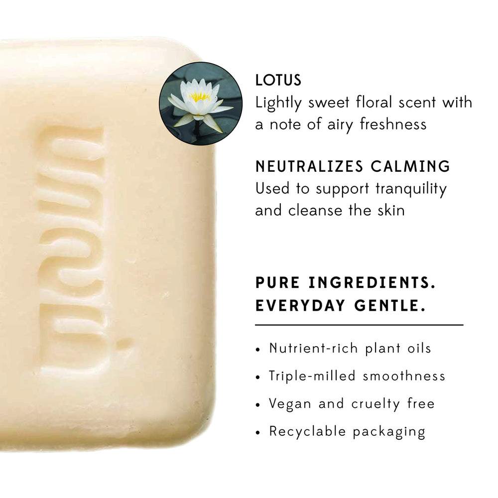 Lotus soap bar information and description on white background.