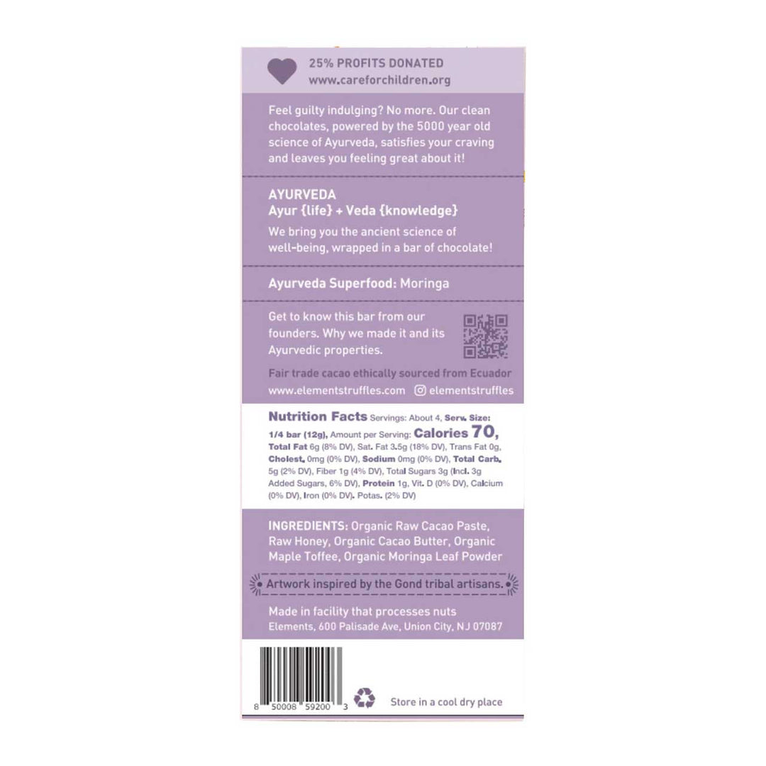 Back of a chocolate bar packaging with purple label on a white background
