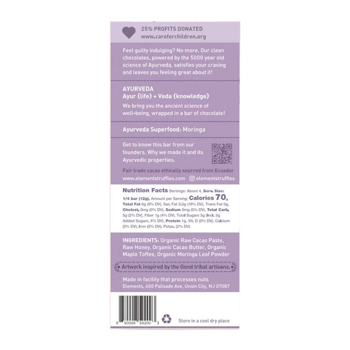 Back of a chocolate bar packaging with purple label on a white background
