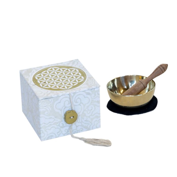 Gold singing bowl with wooden striker and white box on a white background