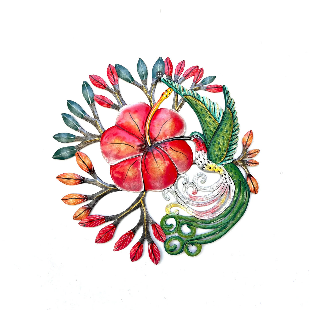 Decorative wall art with hibiscus flower and green hummingbird on a white background
