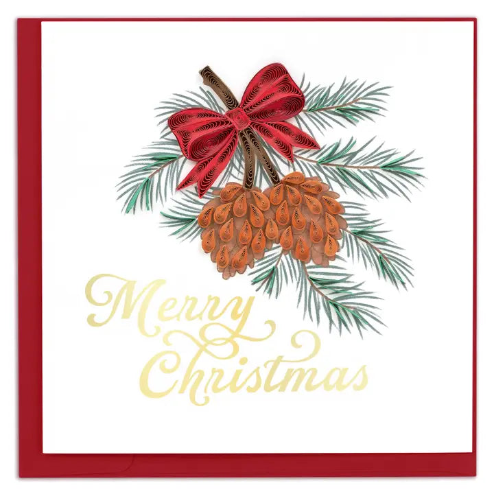 A square Christmas greeting card with a red border, featuring an illustration of green pine branches, two brown pinecones, a red ribbon bow, and the words 'Merry Christmas' in gold script on a white background.