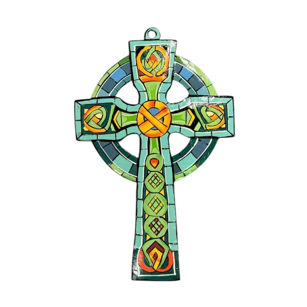 Colorful Celtic cross design on a white background