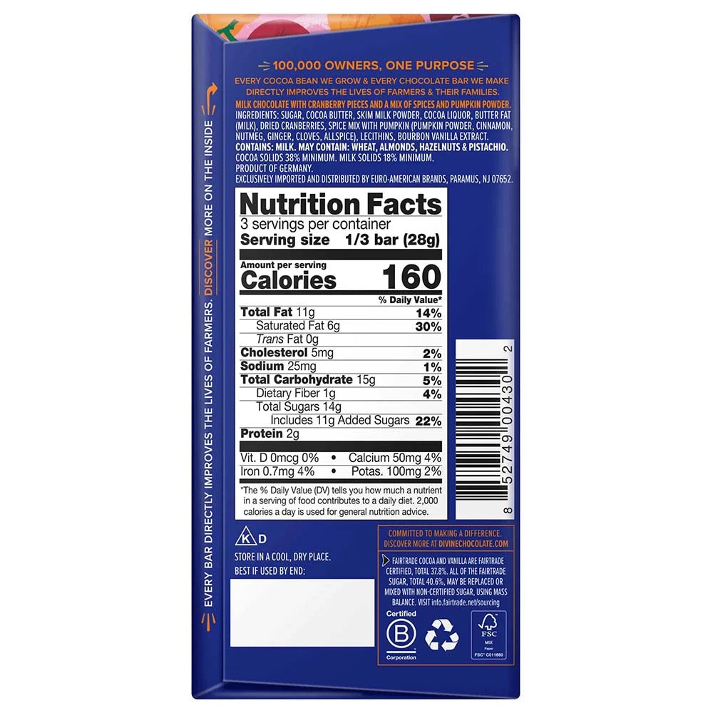 A divine pumpkin spice and cranberries bar nutritional facts on a white background