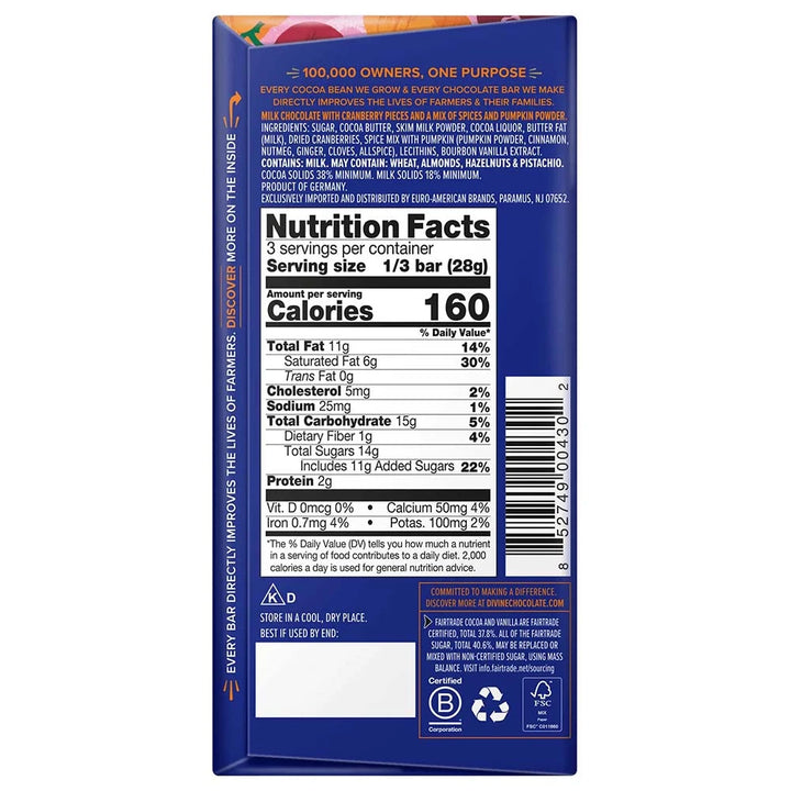 A divine pumpkin spice and cranberries bar nutritional facts on a white background