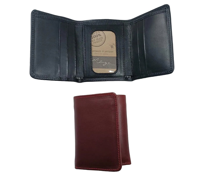 A black leather trifold wallet with multiple card slots and a visible brand tag on the back, alongside a red leather wallet with a snug fit.