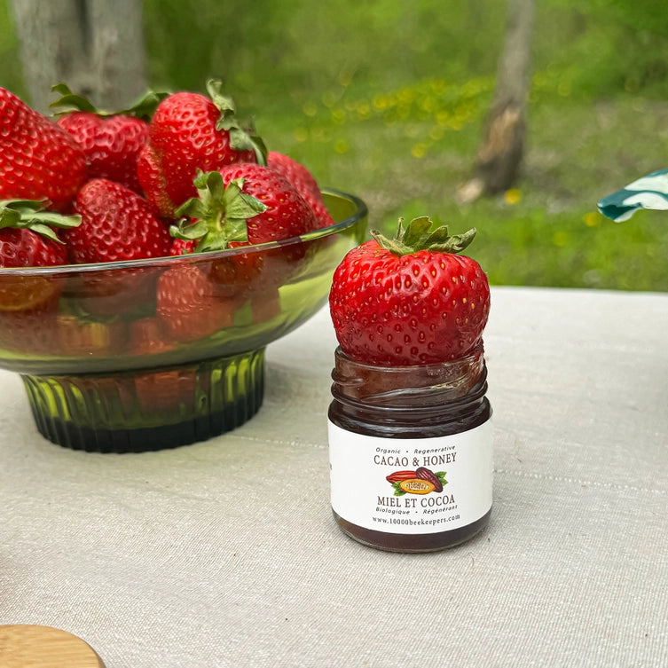 strawberry dipped in mini cacao honey