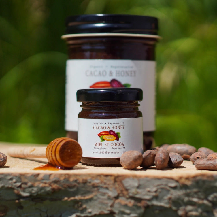 mini and large jars of cacao honey with honey dipper