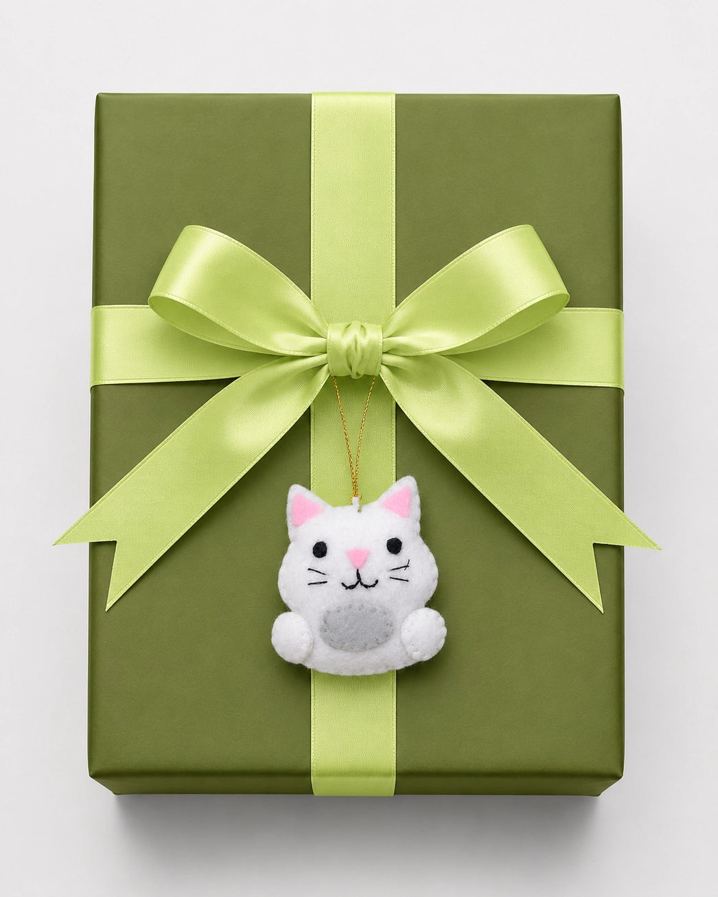 Green gift box with a large green bow and a small white cat ornament on a light gray background