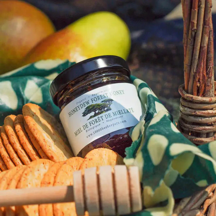 mini jar of honeydew forest honey with crackers and honey dipper