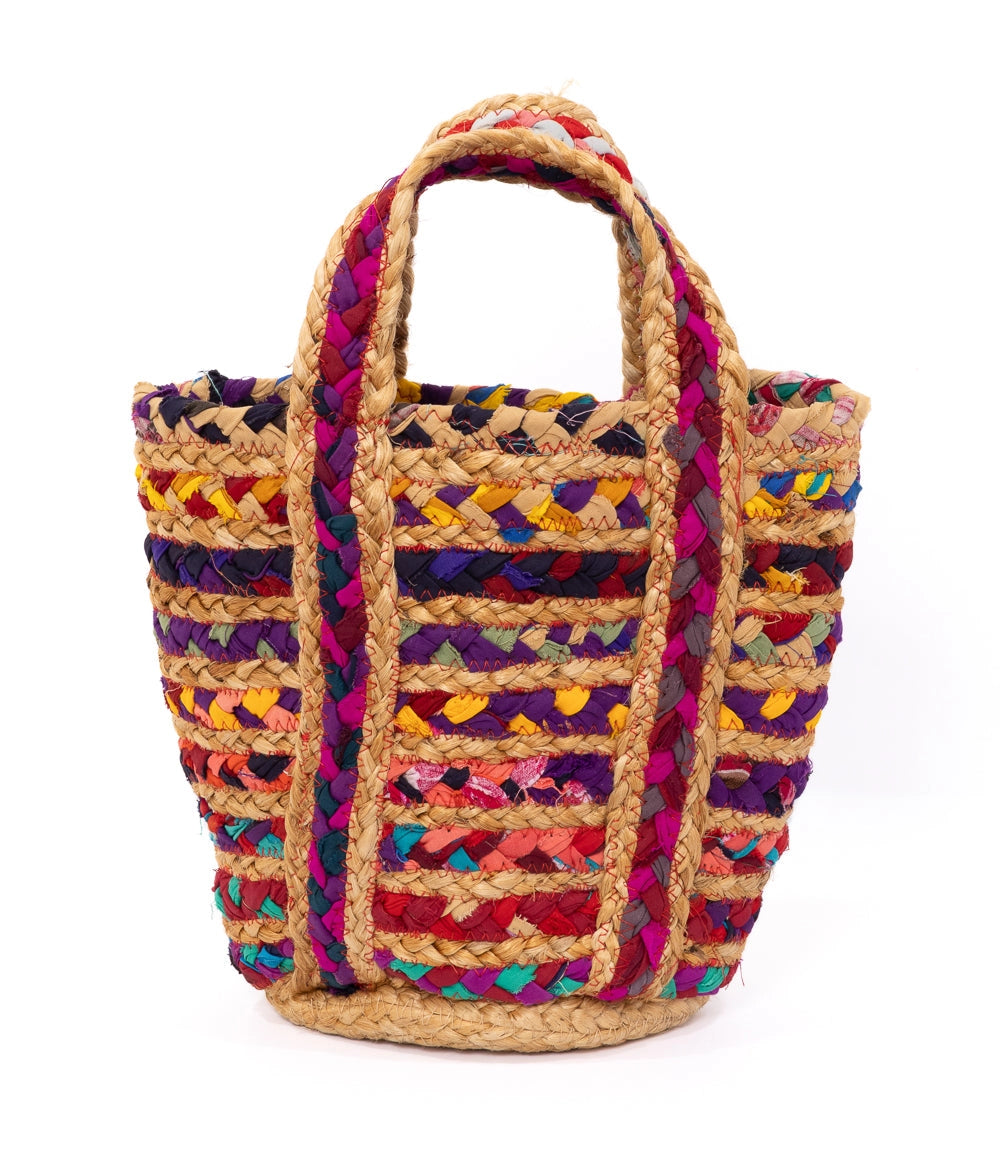 Multicolored woven bag with a white background
