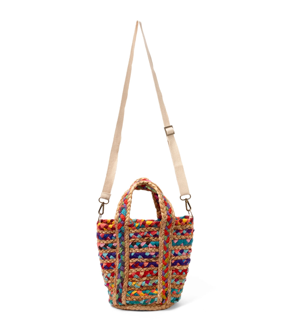A multicolor braided woven tote bag with a beige shoulder strap and top handles, shown against a plain white background.