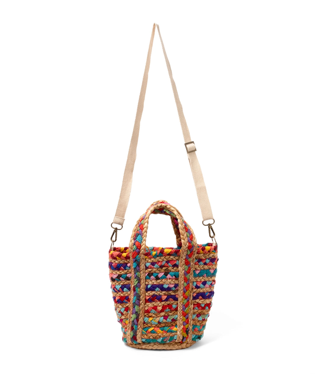 A multicolor braided woven tote bag with a beige shoulder strap and top handles, shown against a plain white background.