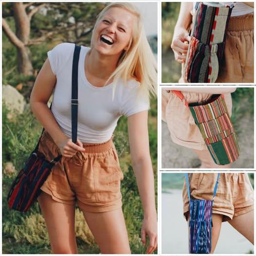 Woman holding a colorful bag outdoors with close-up shots of the bag's design.
