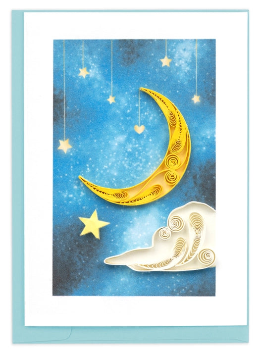 Decorative quilling card with a yellow crescent moon and cloud on a blue starry background