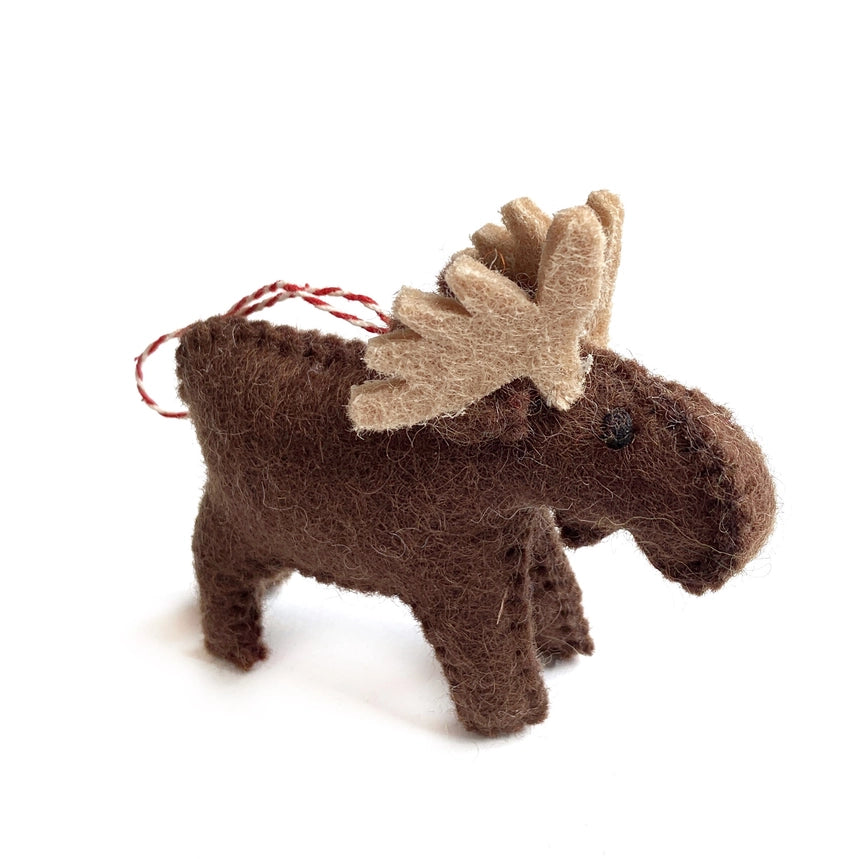 Brown felt moose ornament with beige antlers on a white background