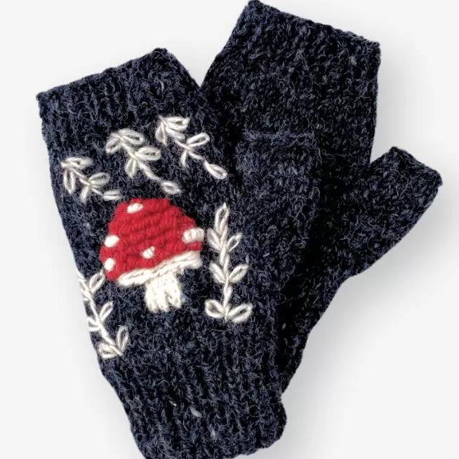 Black fingerless gloves with a red mushroom design on a white background