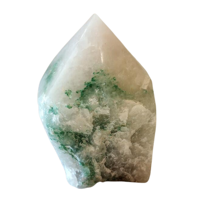 Teardrop-shaped crystal with green and white patterns on a white background