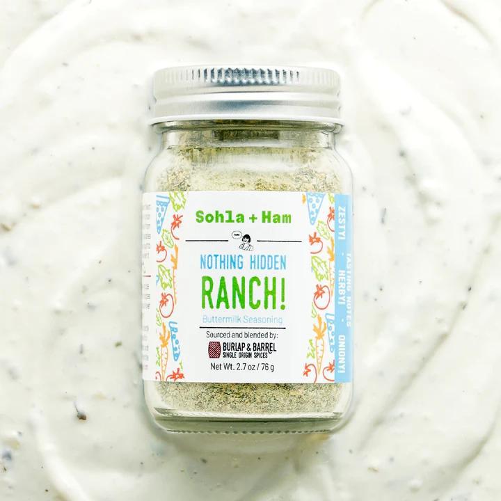 Jar of Sohla + Ham Nothing Hidden Ranch seasoning on a white background