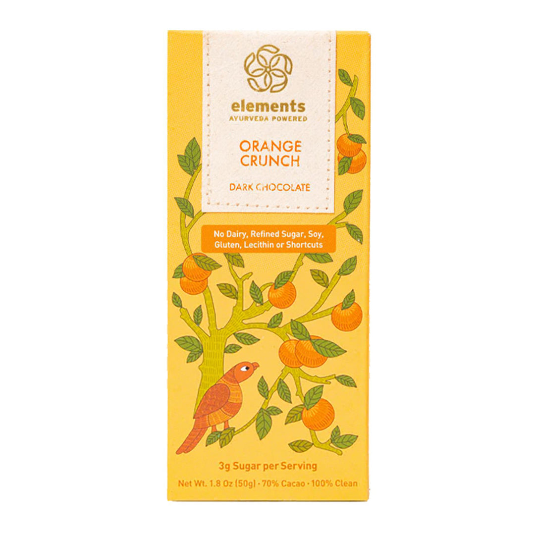 Chocolate bar packaging with orange design and 'Elements' branding on a white background