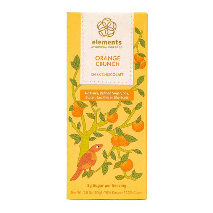 Chocolate bar packaging with orange design and 'Elements' branding on a white background