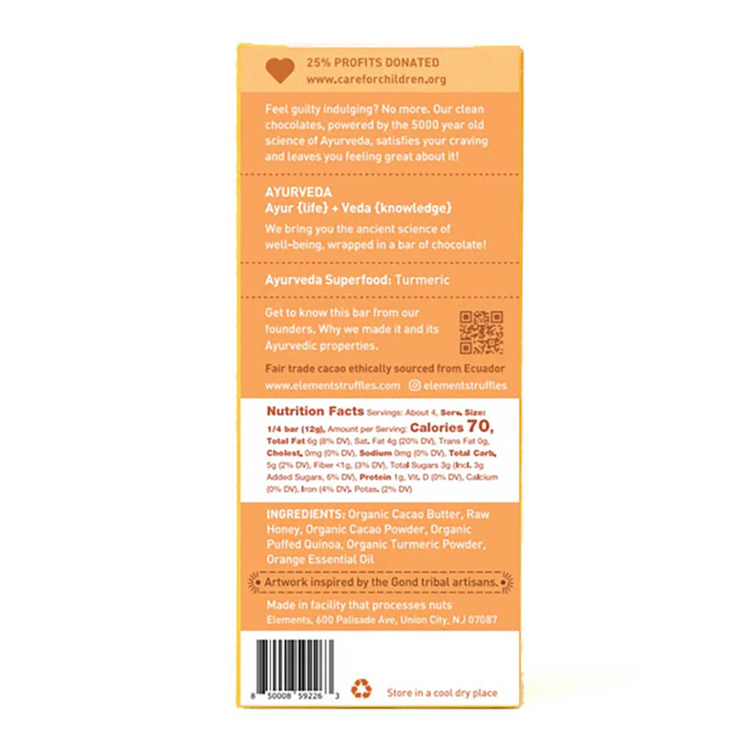 Back of a chocolate bar packaging with nutritional information and ingredient list on an orange background.