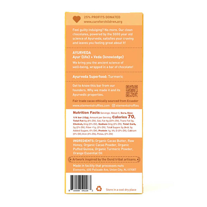 Back of a chocolate bar packaging with nutritional information and ingredient list on an orange background.