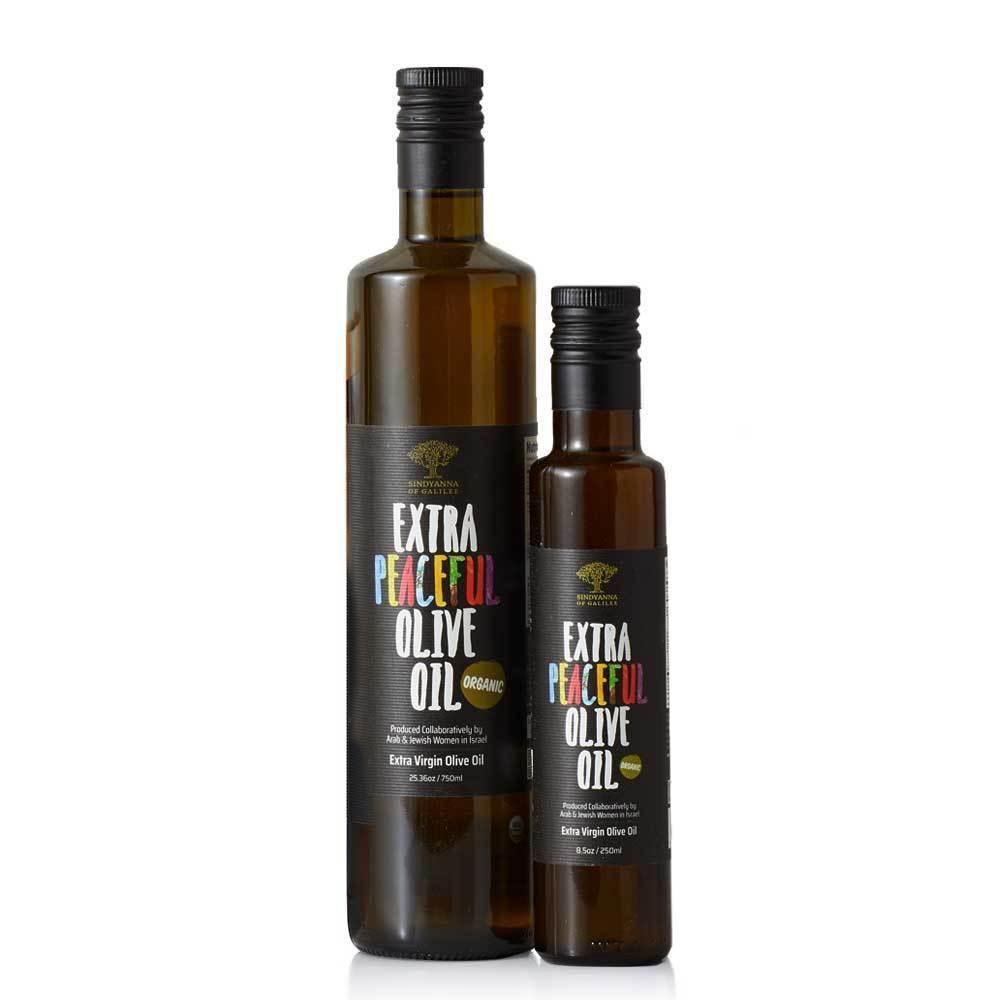 Two bottles of Organic Extra Virgin Olive Oil, one larger and one smaller, with labels indicating the product is cold-pressed and extra virgin, on a white background.