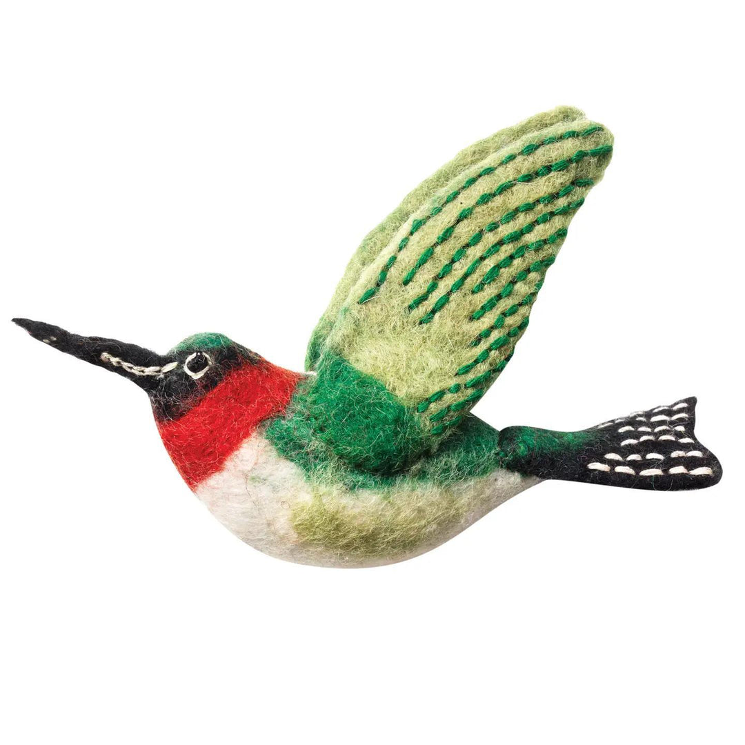 Felted hummingbird ornament on a white background
