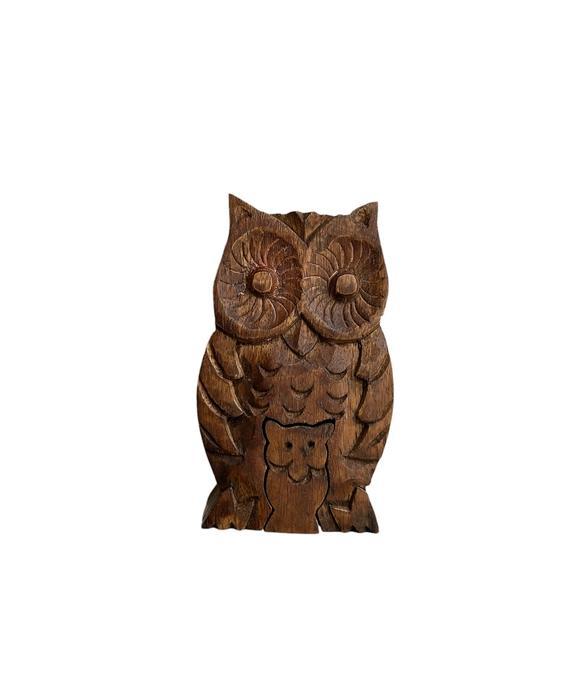 Handcrafted owl puzzle box with baby owl on a white background.