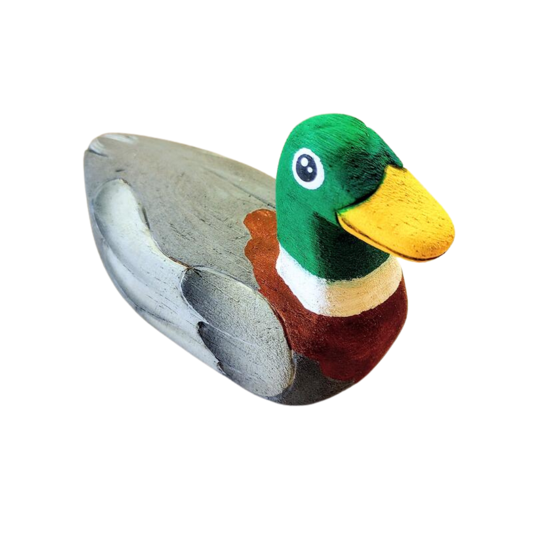 painted balsa wood duck on a white background