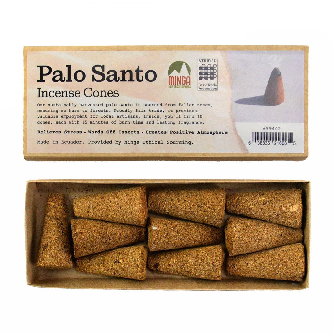 Palo Santo Incense Cones packaging with cones inside on a white background