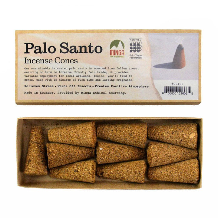 Palo Santo Incense Cones packaging with cones inside on a white background