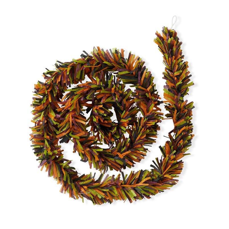 An eco-friendly silk paper fringe in various Halloween colors strung on a string, with a hanging loop on each end.