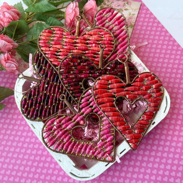 Heart ornaments on display