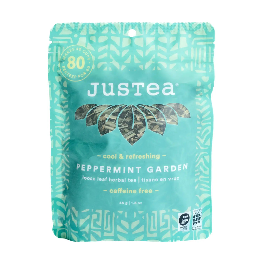 Justea peppermint garden tea package on a white background