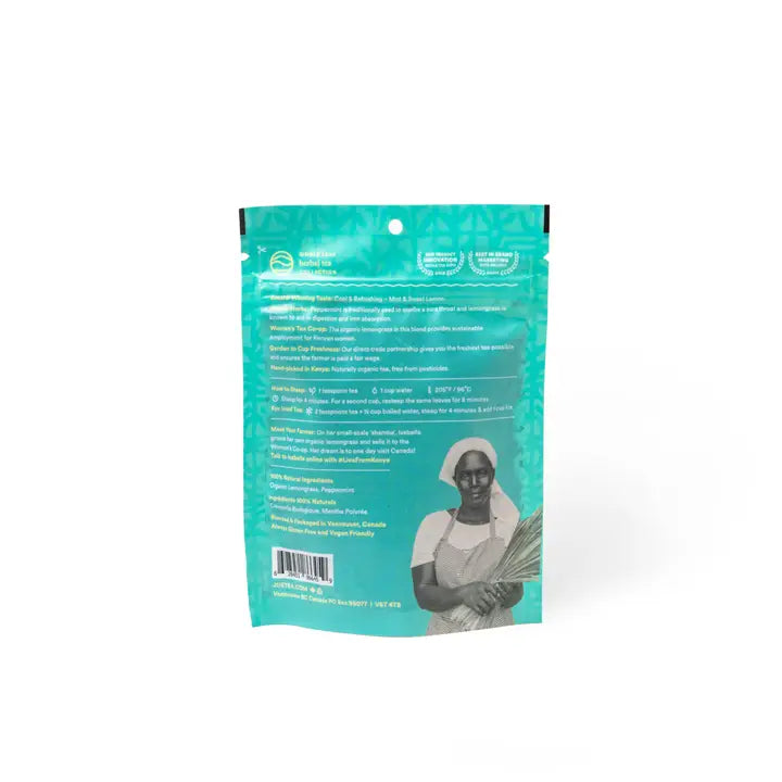 Teal package with text and a photo of a person on a white background